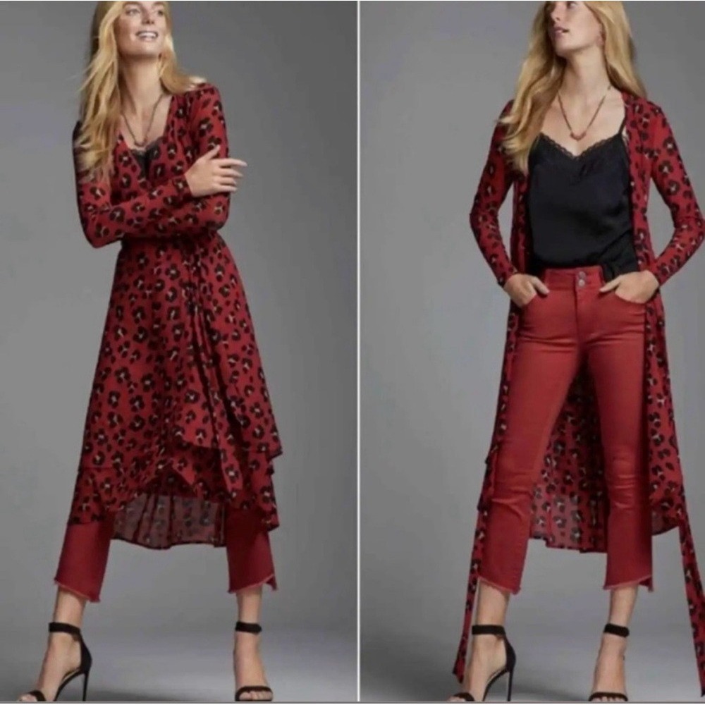CAbi Siren Wrap Dress Womens Sz L Red Black Leopard Print Mesh Stretch Layered
